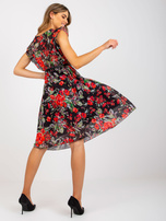 Black and red floral pleated midi dress
