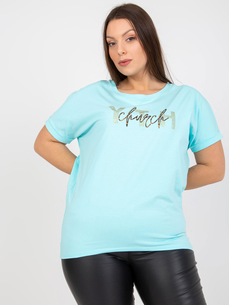 Miętowy t-shirt plus size z dekoltem na plecach 