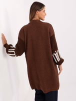 Brown long cardigan with contrasting sleeves.