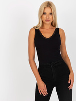 Hurtownia Czarny prążkowany top basic z koronką RUE PARIS 