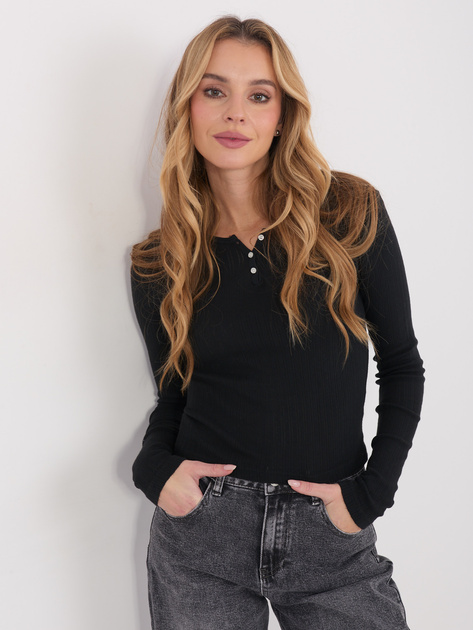 Czarna ażurowa bluzka basic z długim rękawem