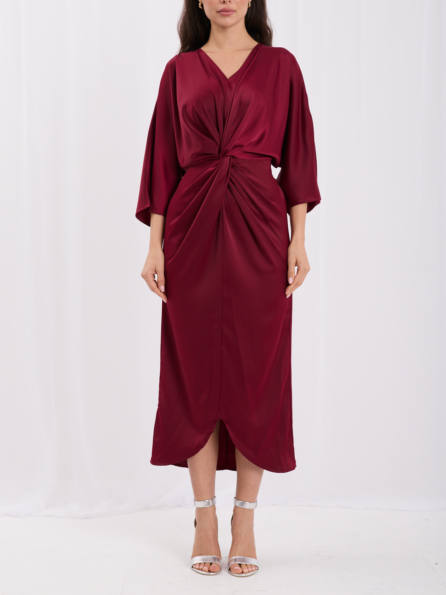 Burgundy elegant dress with 3/4 sleeves RUE PARIS.