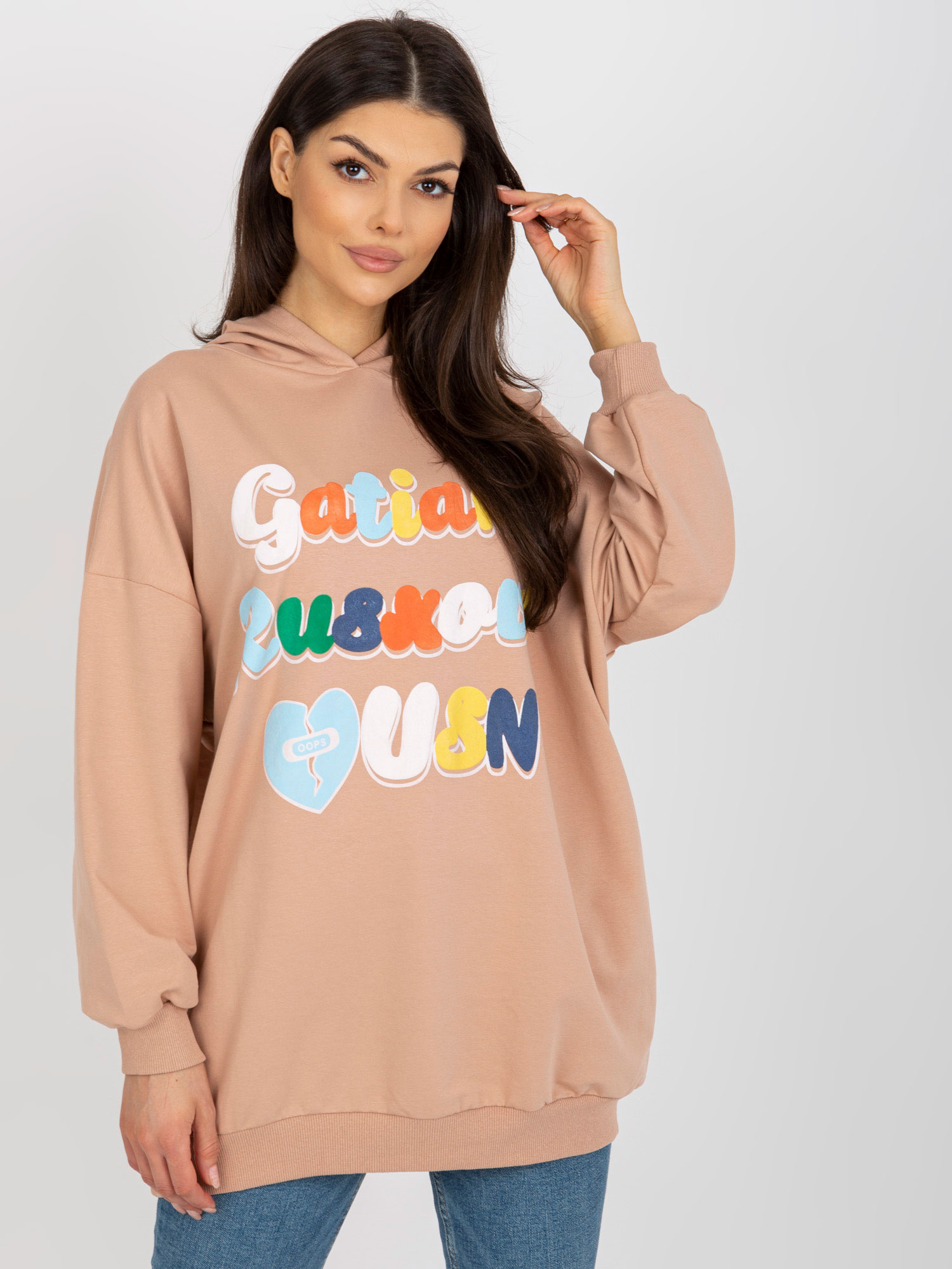 Hurt Camelowa oversize bluza z nadrukiem i kapturem
