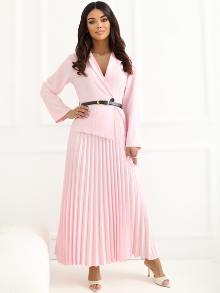 Jasnoróżowa midi sukienka z plisowanym dołem RUE PARIS 