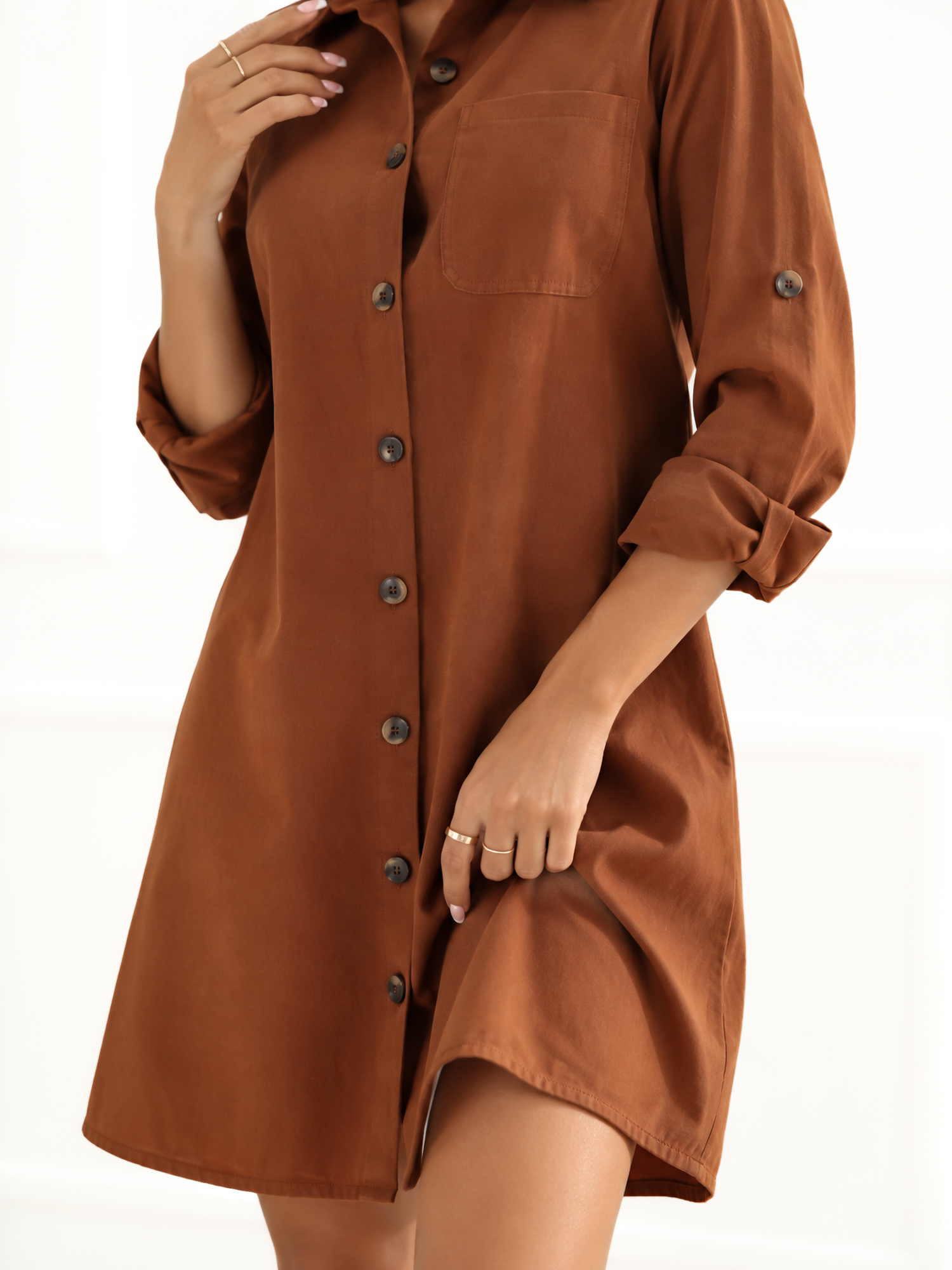 Light brown denim shirt dress.
