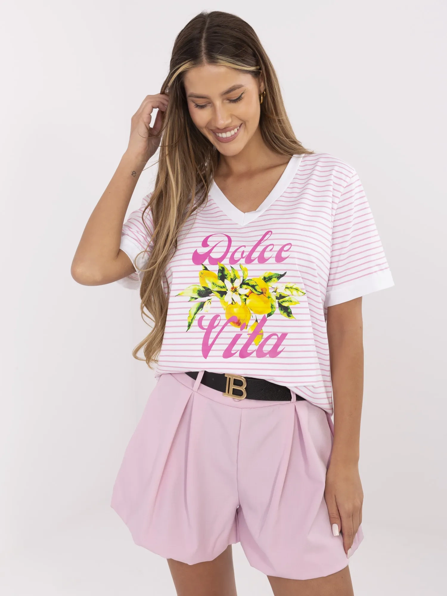 Pink and white blouse with lemon print.