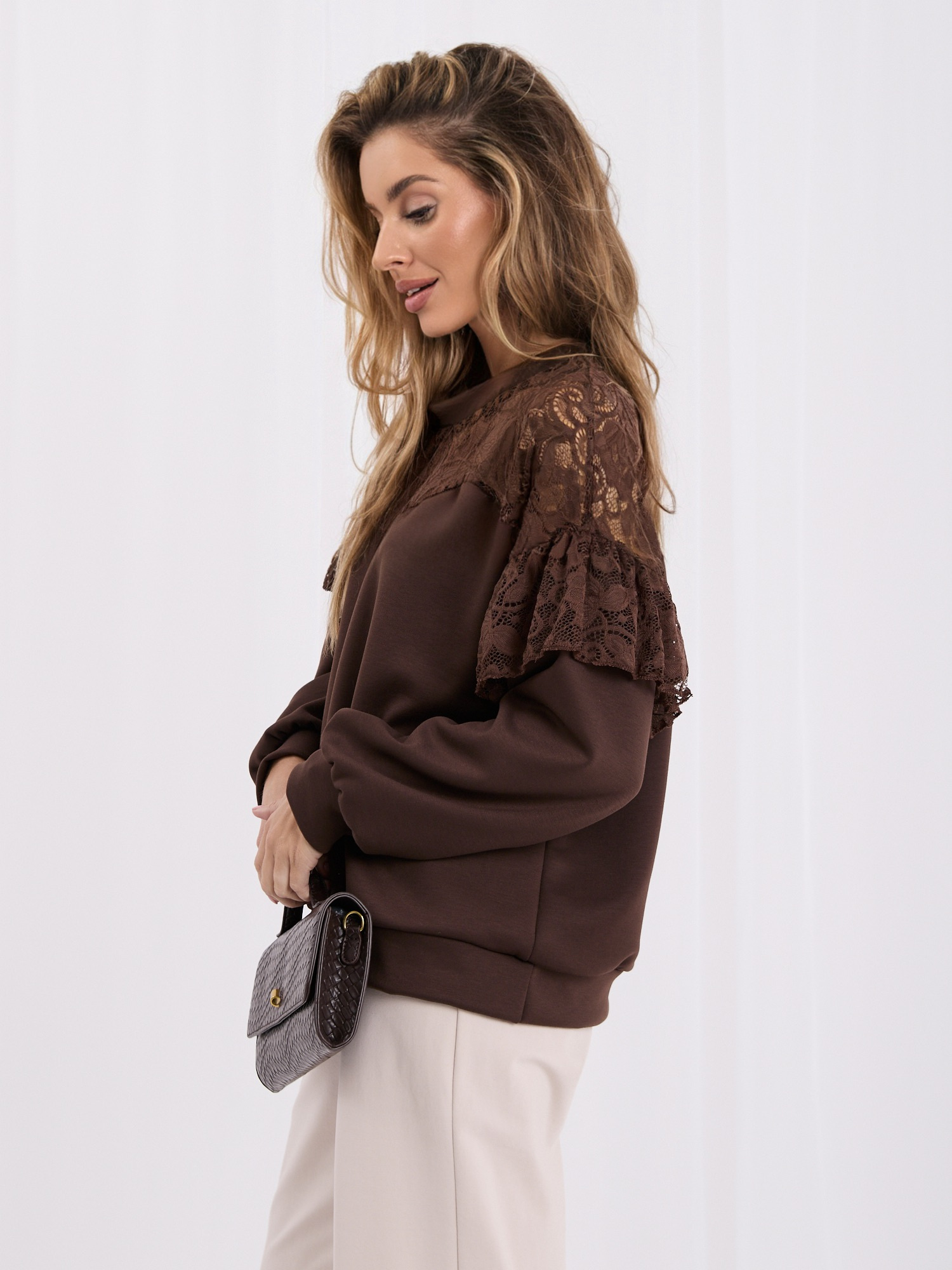 Brown women's sweatshirt with transparent lace.