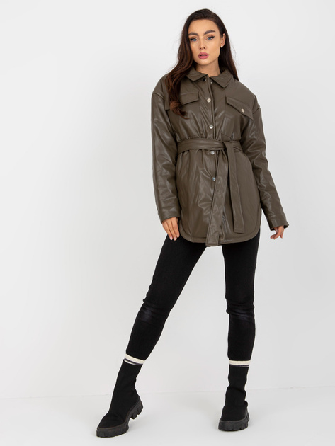 Hurtownia Khaki puchowa kurtka z ekoskóry z kieszeniami