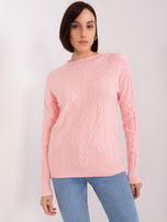 Hurt light pink cable-knit sweater with a round neckline.