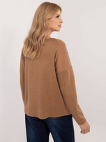 Hurt Camelowy damski sweter oversize z dekoltem V