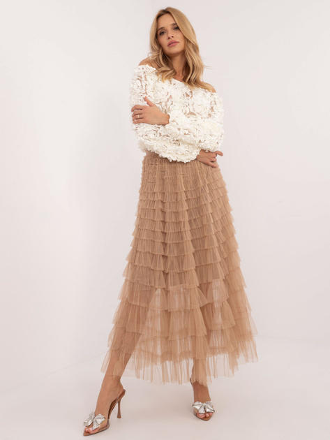 Hurt Camelowa długa spódnica tiulowa z falbanami