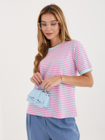 Fluo różowo-niebieski damski t-shirt w paski RUE PARIS