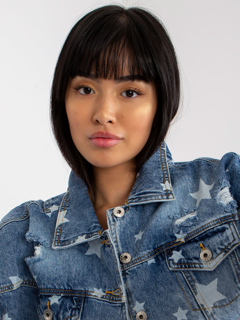 Hurt Niebieska damska kurtka jeansowa z printem i dziurami