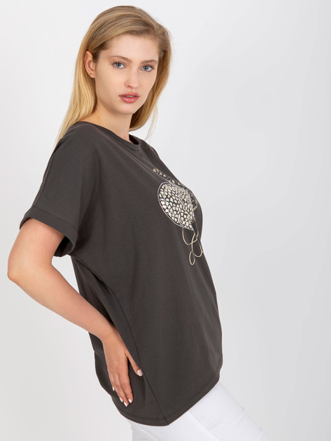 Khaki bawełniany t-shirt plus size z aplikacją z dżetów