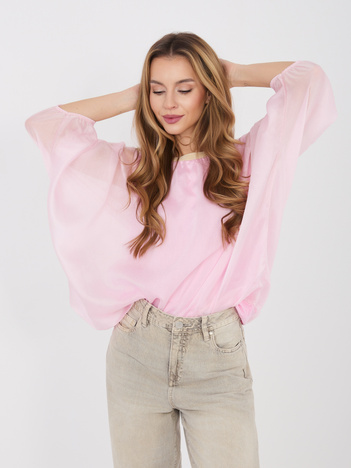 Pastelowa różowa damska bluzka z ozdobnym dekoltem
