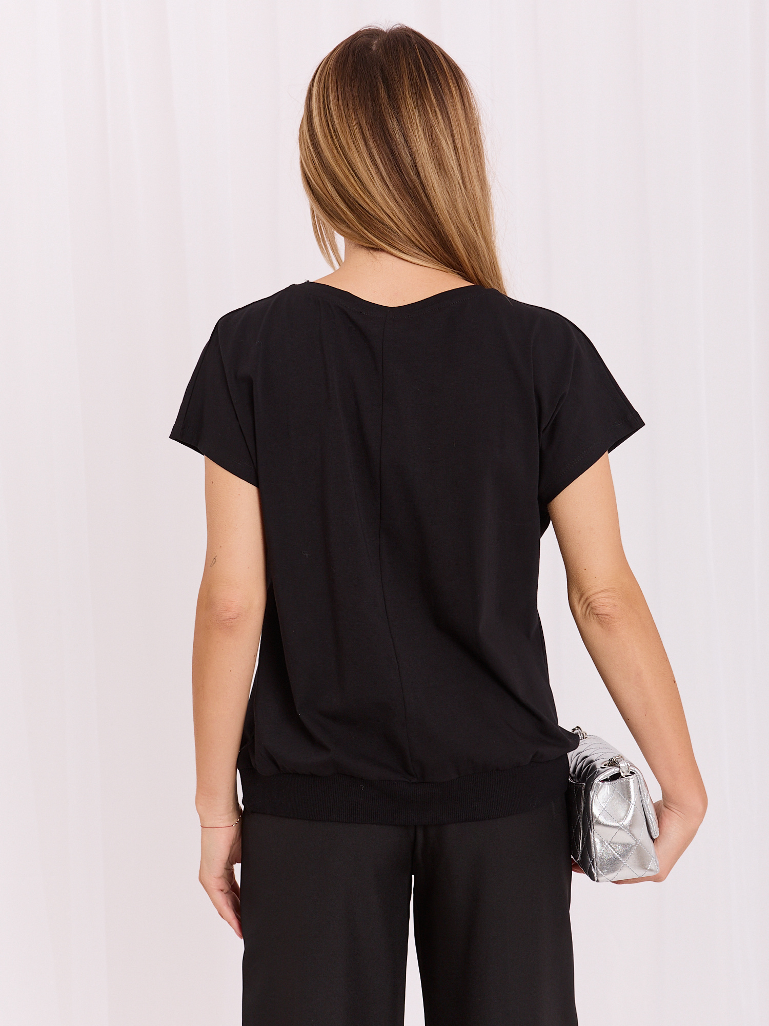 Schwarze Bluse mit Druck und Schriftzug RUE PARIS.
