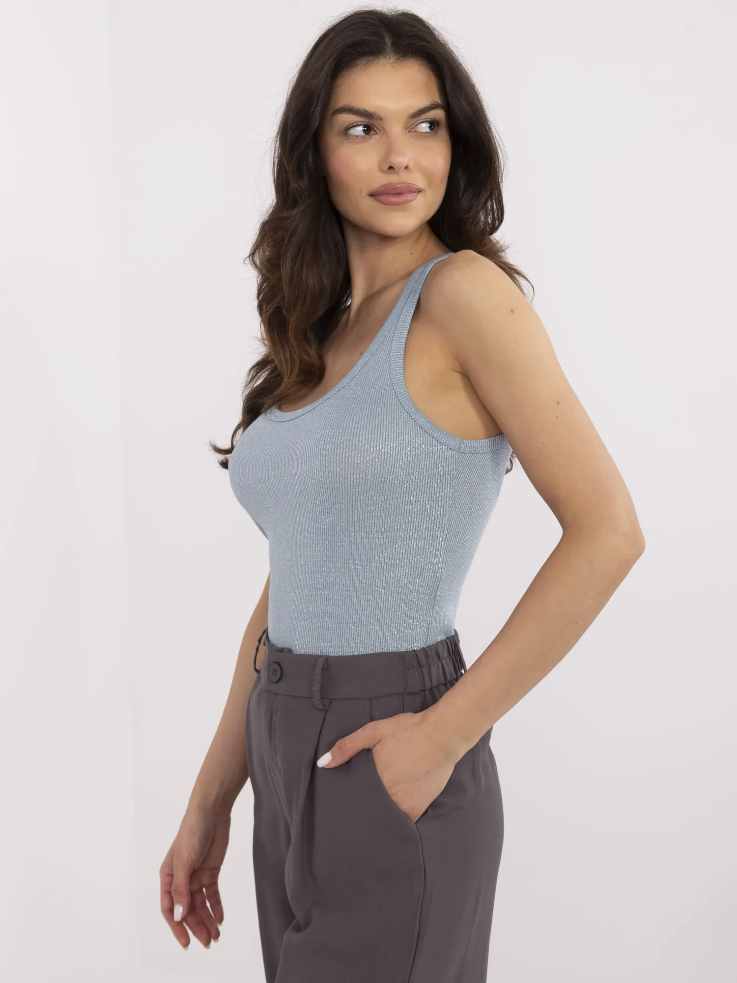 Gray-blue fitted striped top.
