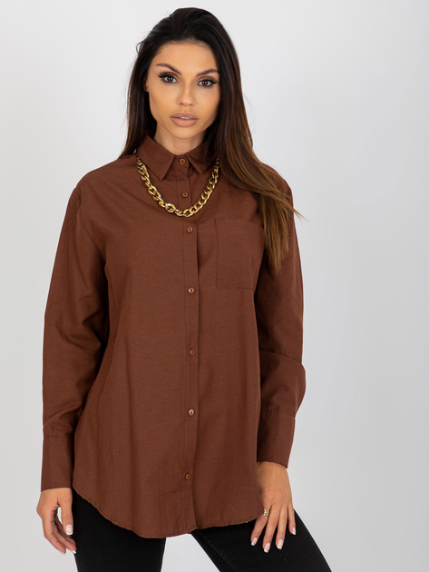 Hurt Brązowa damska koszula oversize z łańcuszkiem