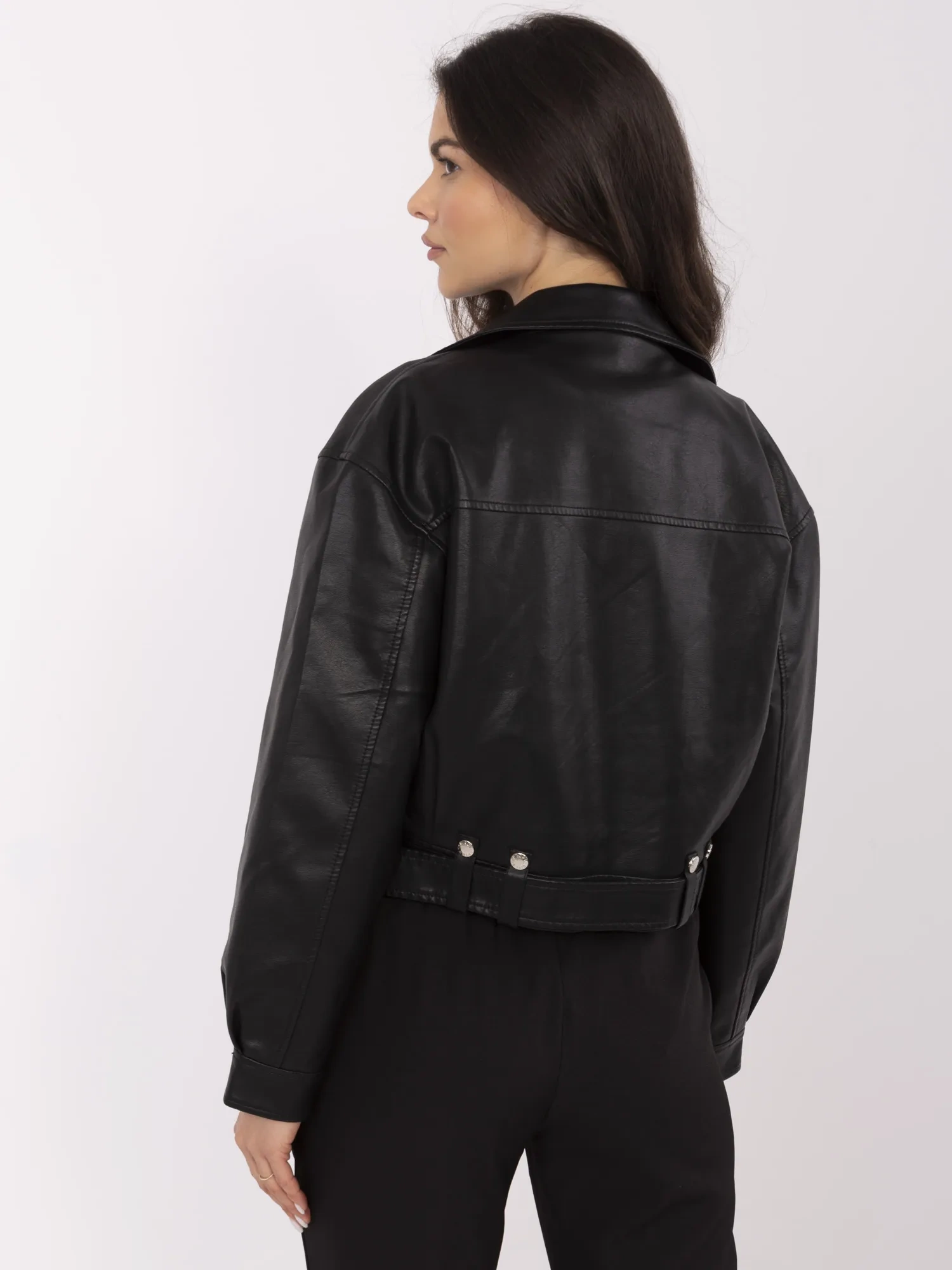Black women's biker jacket with a belt.