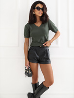 Khaki dámský basic svetr s náplety.