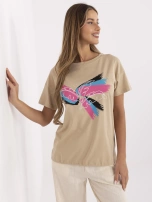 Camelowy damski t-shirt z okrągłym dekoltem 