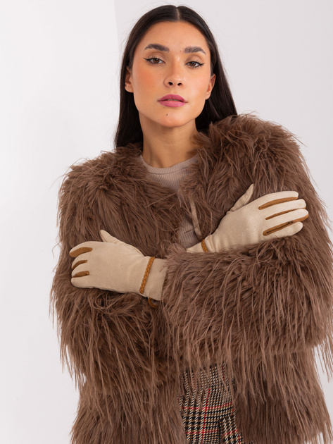 Hurt Beżowe eleganckie rękawiczki z ozdobnym paskiem