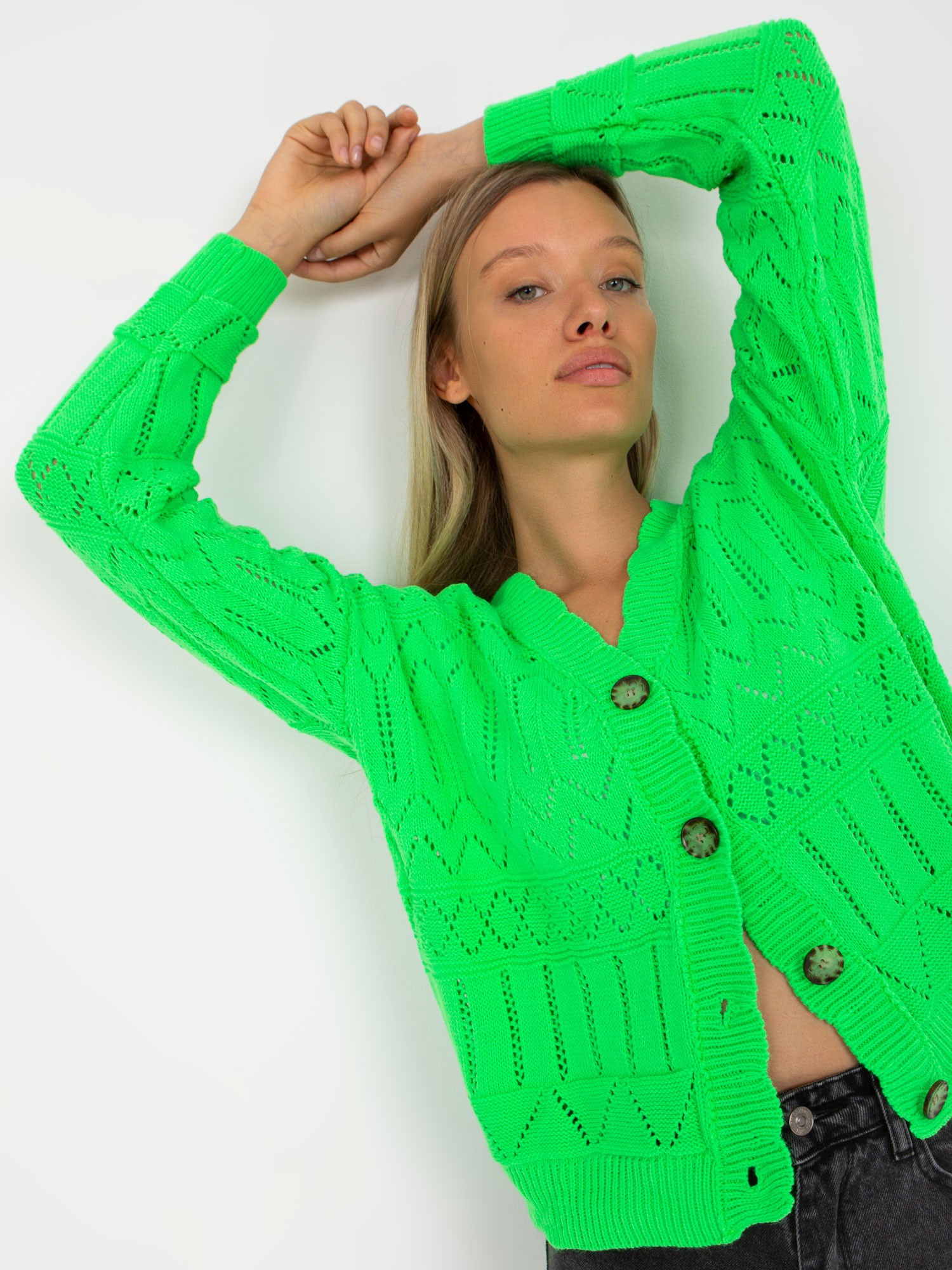 Fluo zielony ażurowy sweter letni z guzikami RUE PARIS