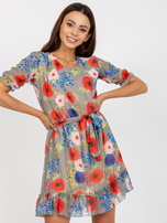 Khaki sukienka mini w kwiaty z krótkim rękawem Blake 