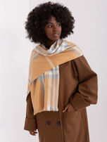 Hurt Camelowo-szary damski szal w kratę