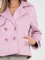 Pastel pink suede coat with pockets.