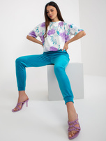 Hurt Ecru-niebieski komplet welurowy z nadrukiem RUE PARIS