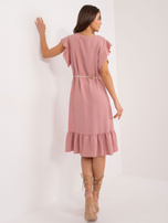 Hurt light beige dress with frill and belt.