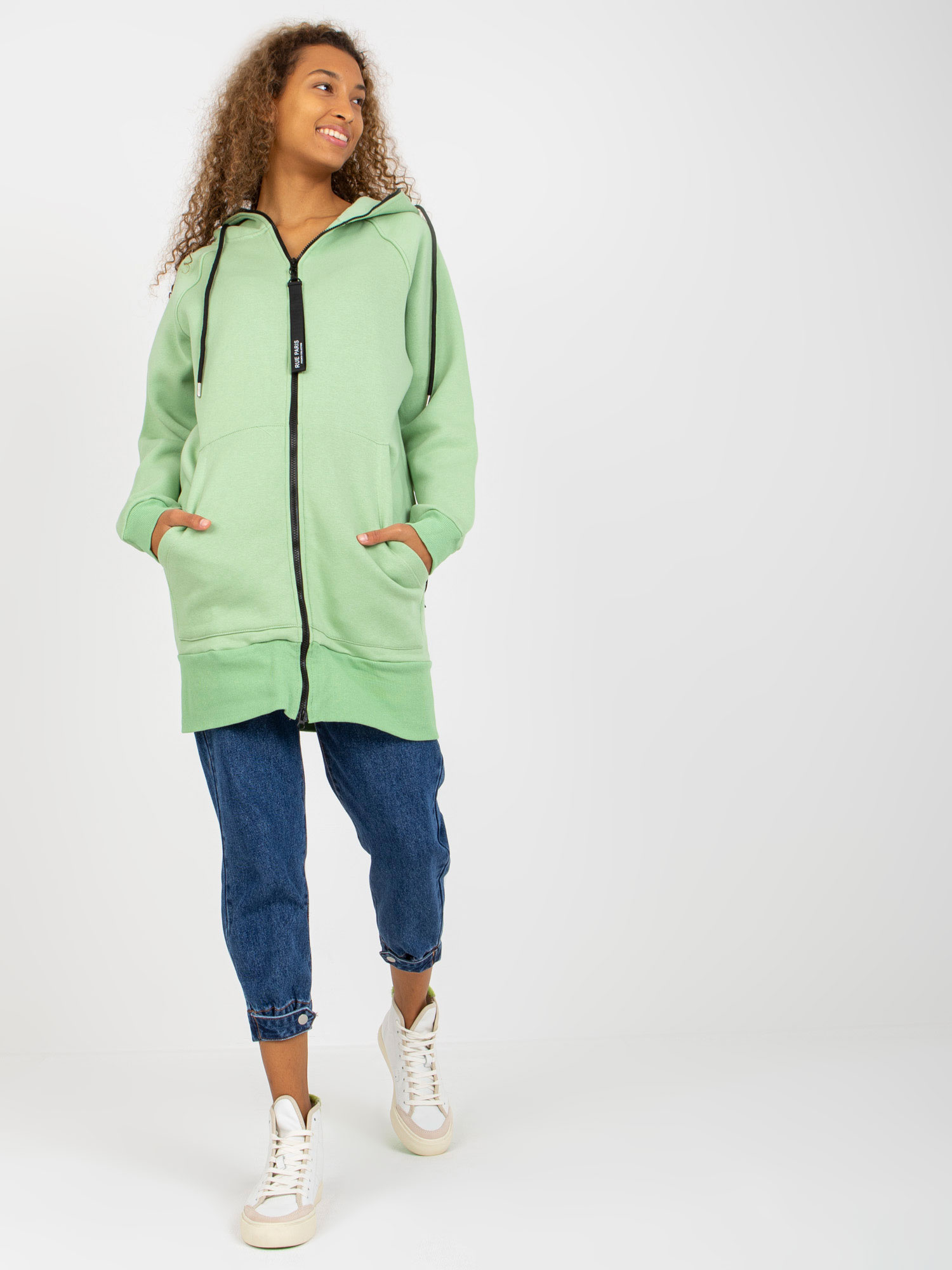 Jasnozielona długa rozpinana bluza basic z kieszeniami RUE PARIS