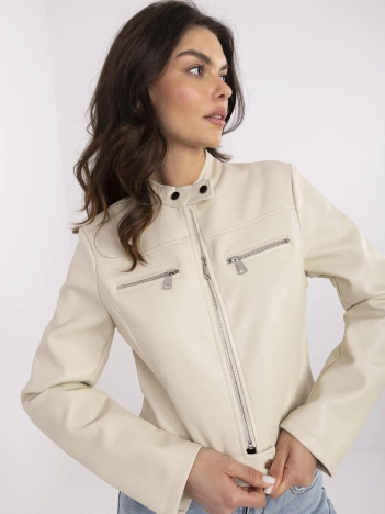 Beżowa krótka kurtka biker z zapięciem na suwak