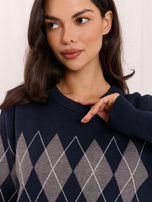 Granatowy damski sweter w geometryczny wzór