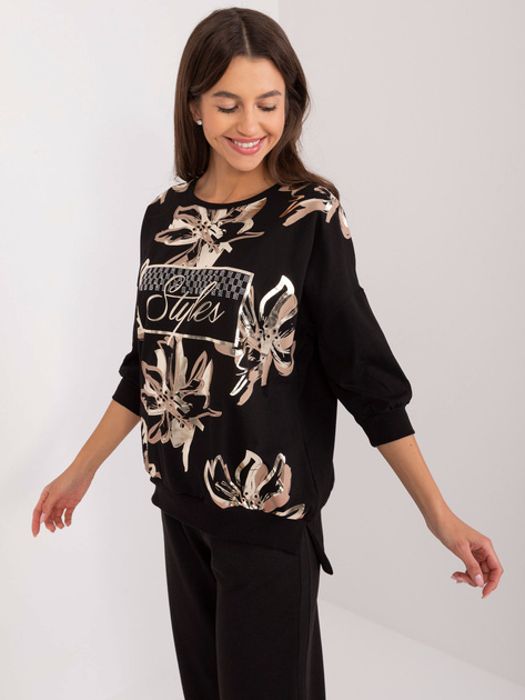 Hurt Czarna bluzka z nadrukiem i aplikacją