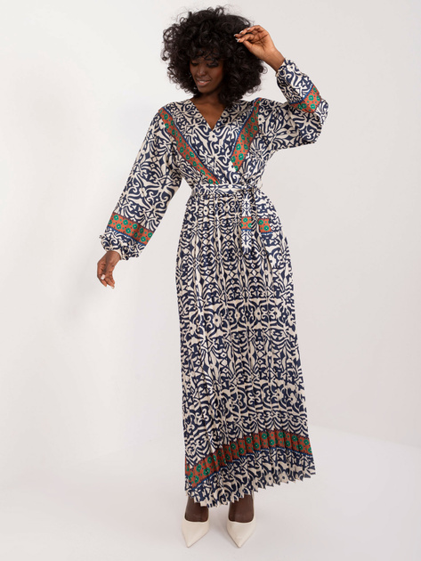 Hurt Granatowo-beżowa długa sukienka we wzory