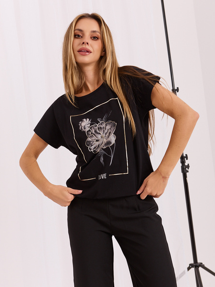 Schwarze Bluse mit Druck und Schriftzug RUE PARIS.