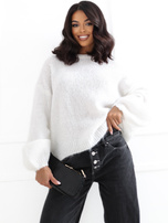 Ecru women's oversized sweater with a round neckline.