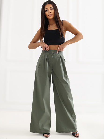 Khaki damskie spodnie palazzo z zakładkami RUE PARIS