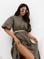 Khaki midi sukienka z bufiastymi rękawami
