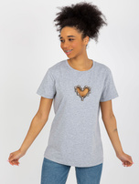 Hurt Szary damski t-shirt z aplikacjami i wycięciem