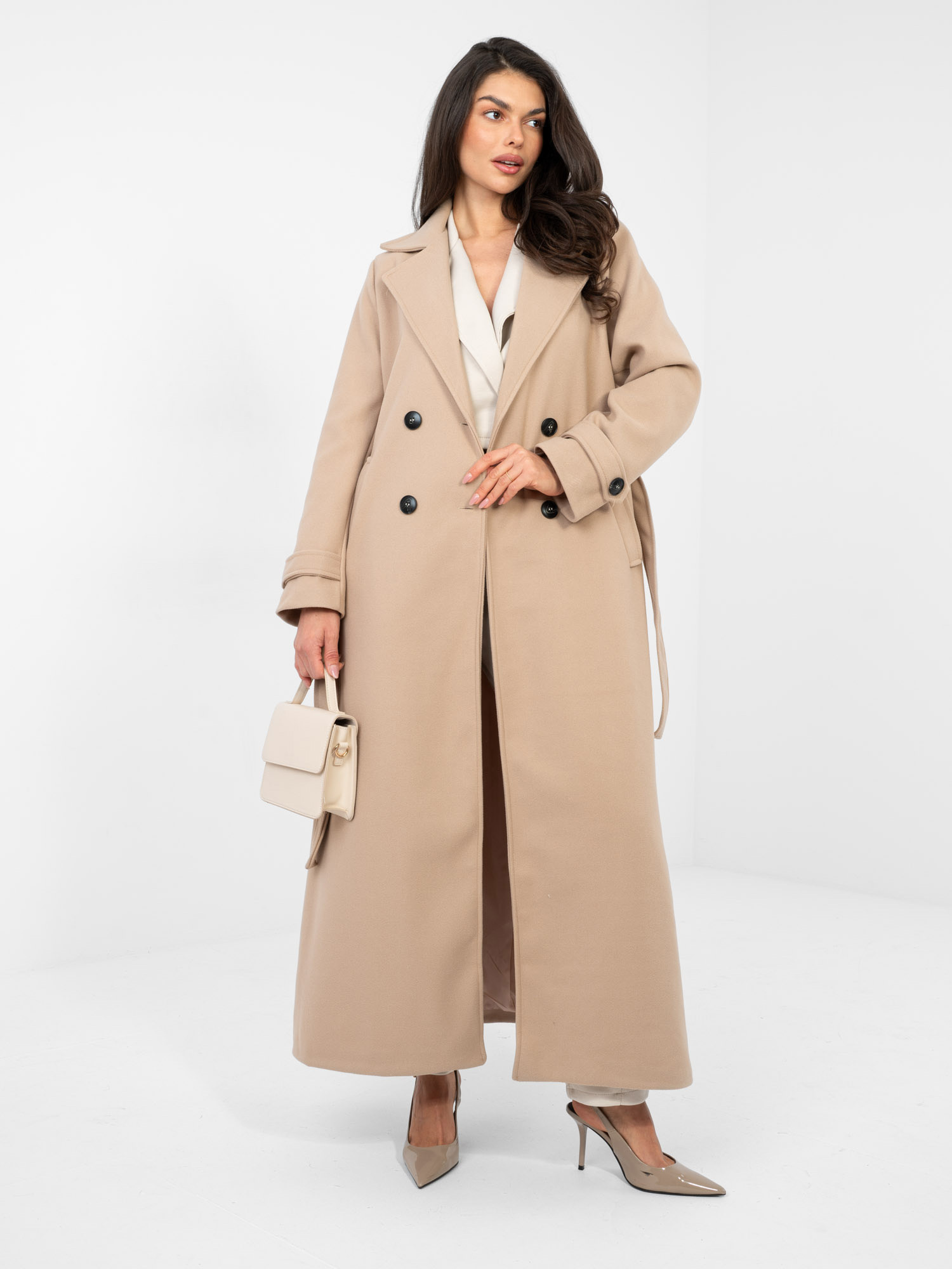 Dark beige elegant coat with a belt.