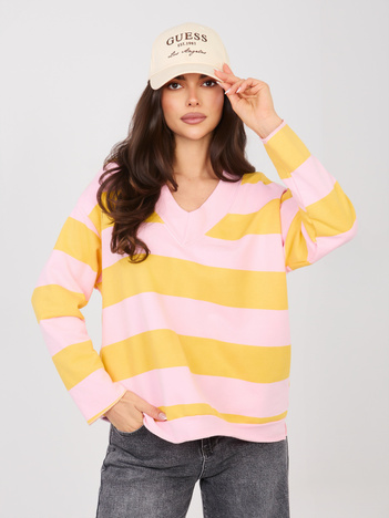 Różowo-żółta kolorowa bluza oversize z dekoltem V