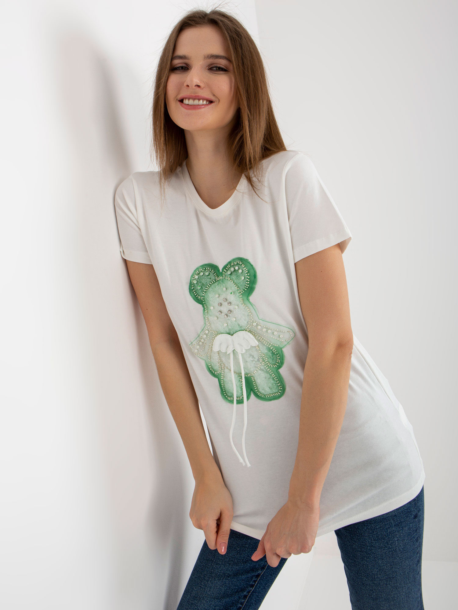 Hurt Ecru-zielony bawełniany damski t-shirt z aplikacją 3D 