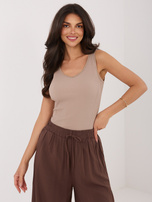 Ciemnobeżowy bawełniany top w prążek RUE PARIS 