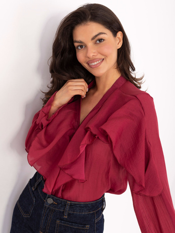 Bordowa koszula z falbankami przy rękawach RUE PARIS 