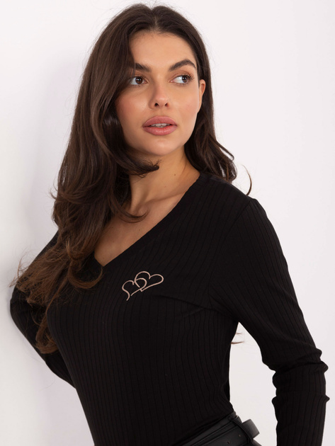 Czarna prążkowana bluzka z haftem RUE PARIS