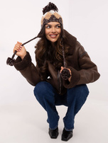 Hurt Brązowa damska czapka uszatka w romby