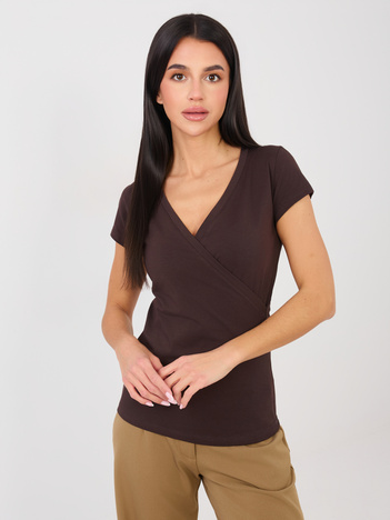 Czekoladowy t-shirt basic z bawełny RUE PARIS 